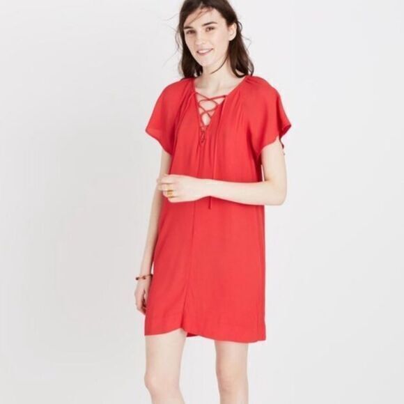 Madewell Red Lace-up Flutter Casual Dress - Picture 1 of 8